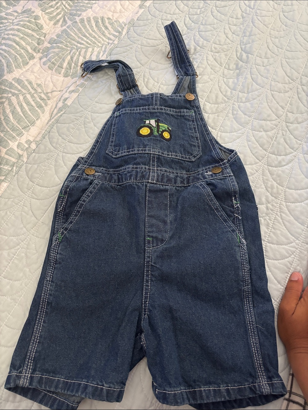 John Deere Dark Blue Denim Kids Short Overalls with Tractor Patch